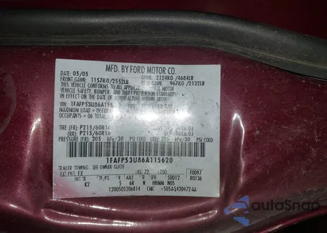 2006 Ford Taurus Se from USA, damaged, VIN 1FAFP53U86A115620